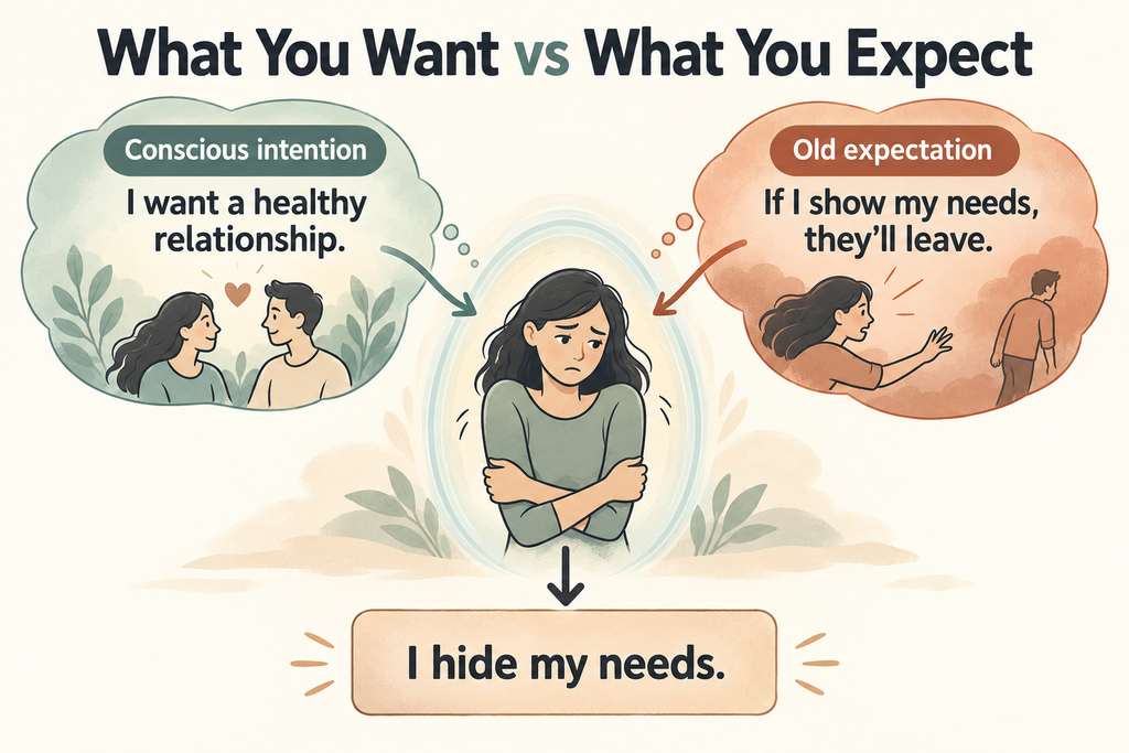 Diagram showing a desire for a healthy relationship conflicting with an old expectation of rejection, leading to hidden needs.